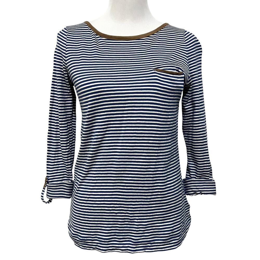 Womens Lauren Ralph Lauren Blue Striped Cuffed Long Sleeve Brown Piping Size M